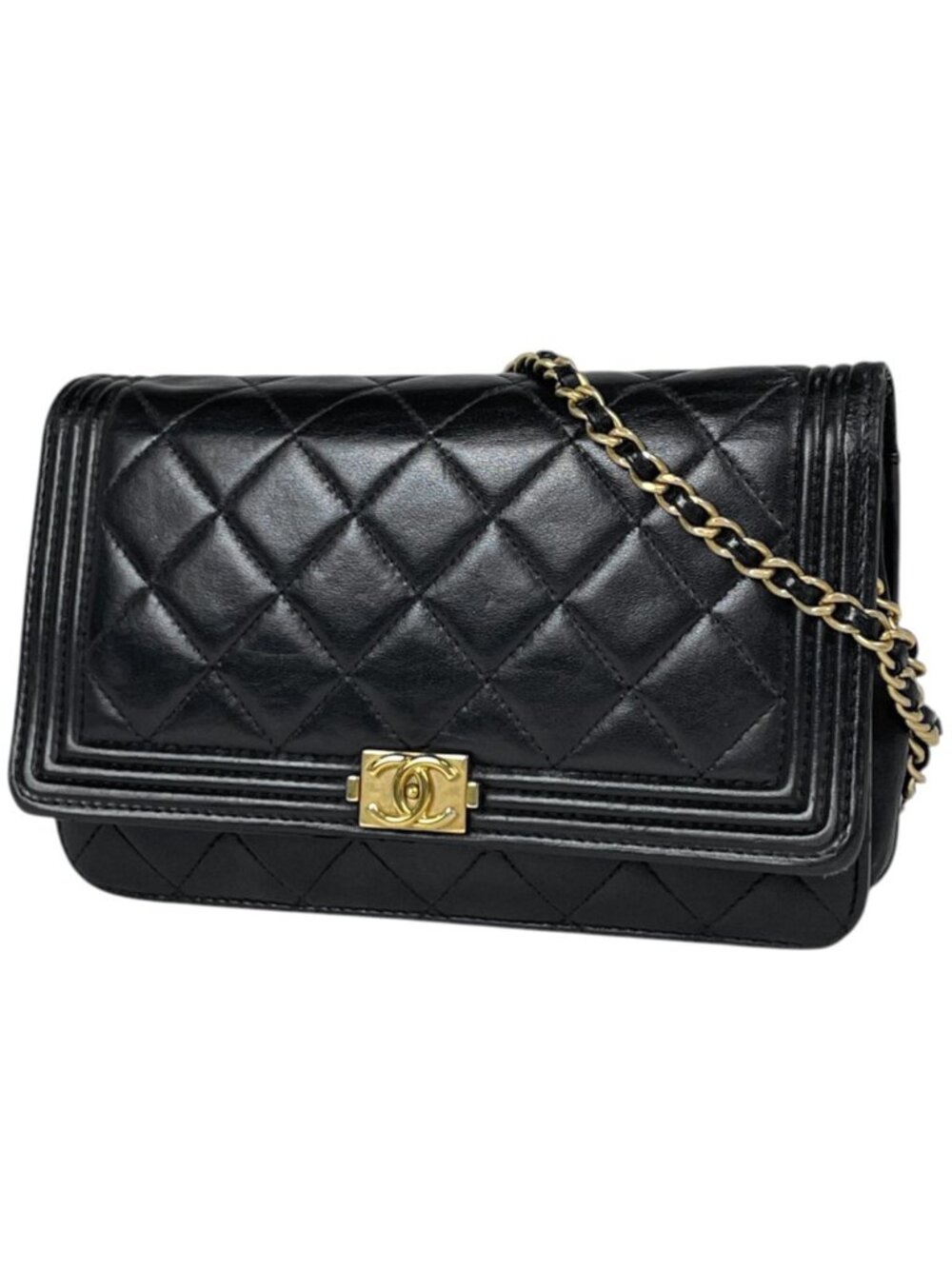 Chanel Shoulder Bag Boy Chain Wallet Quilted Leather Black
